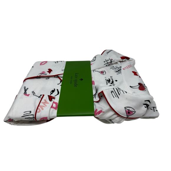 NWT Kate Spade NY 2 Pc Pajama Set L NYC Print Hearts Red Trim Cozy Loungewear - Picture 6 of 8